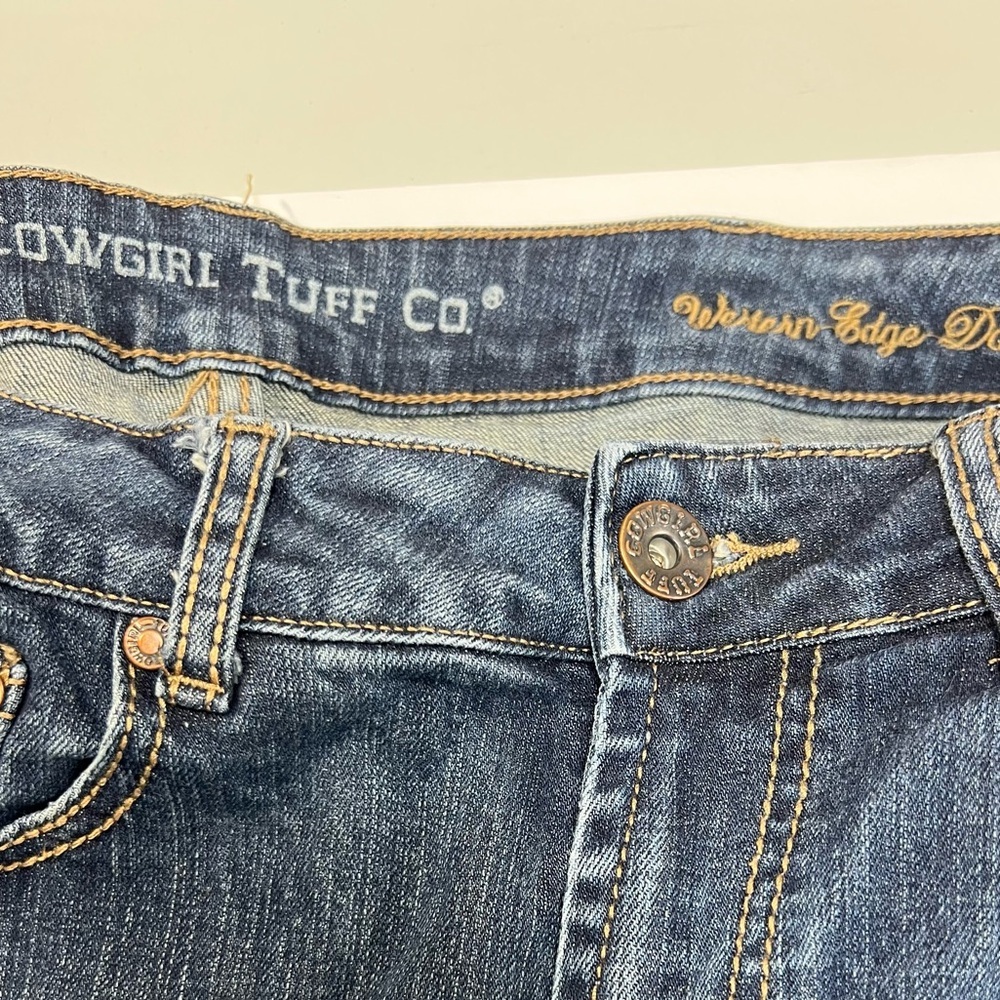 Cowgirl Tuff Western Edge Dark Blue Jeans Womens size 30 X 35 Brown Stitching - Picture 11 of 14